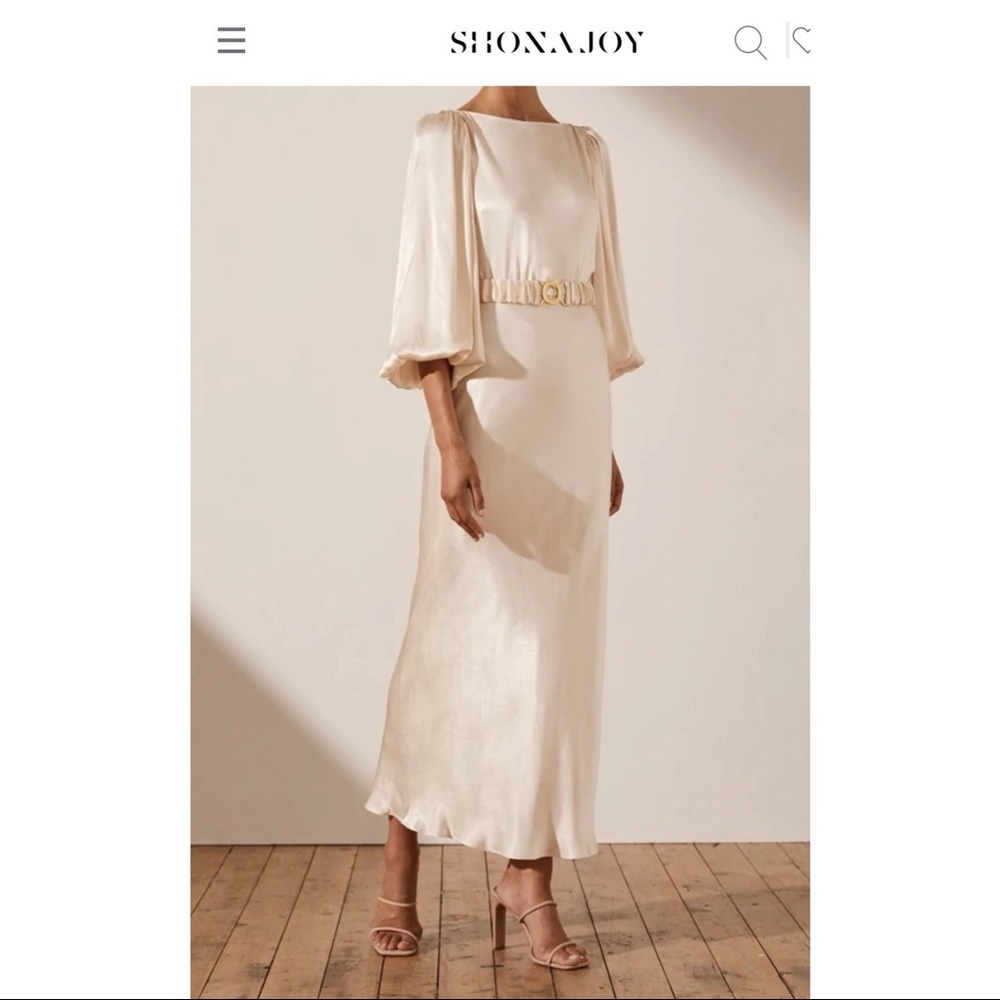 SHONA JOY LA LUNE BALLOON SLEEVE MIDI DRESS WITH BELT - CREAM